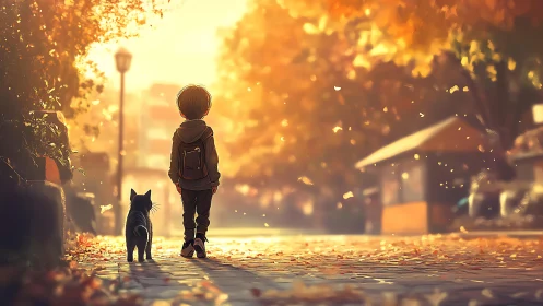 Child and cat on sunlit autumn street in soft focus scene.