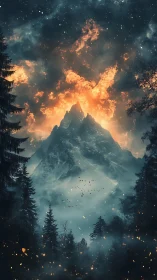 Volcanic twilight peak with incandescent cloudfire corona.