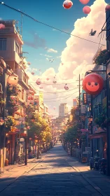 Sunlit urban alley with levitating lantern spheres and clouds.