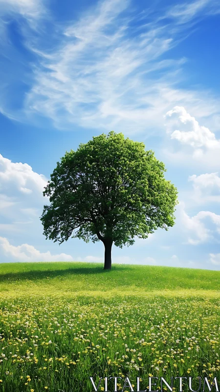 Solitary deciduous tree on grassy hill under clouded sky.