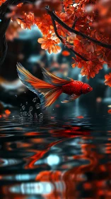 Bright koi leaps through glowing water under fiery leaves