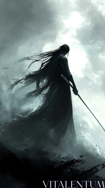 Shadow samurai emerges through stormlit monochrome void.