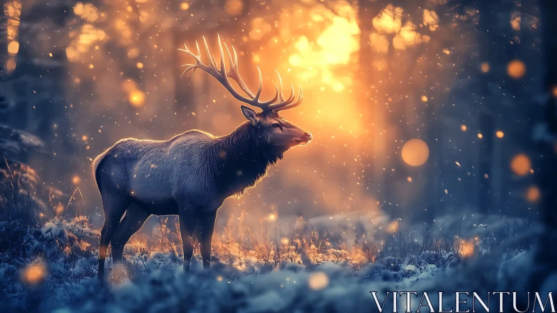 Elk stands in snowy forest against strong backlighting