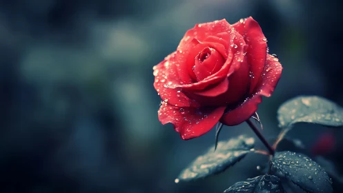 Red Rose with Dewdrops After Rain.