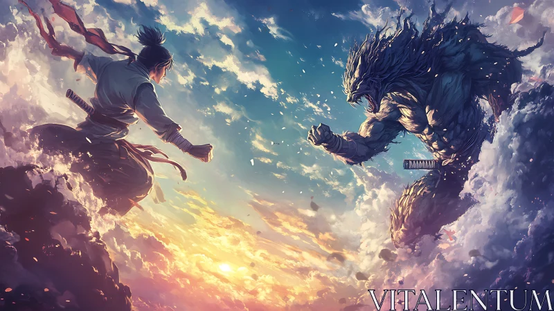 Samurai warrior confronts colossal beast above glowing clouds