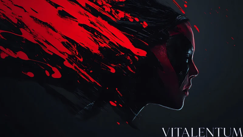 Kinetic red paint vectorizing a masked female side profile.
