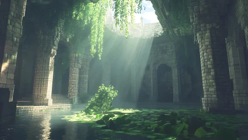 Sunbeams pour into mossy ruins where the water remembers