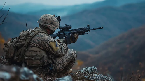 Camouflaged infantry rifleman aiming downrange in mountain valley
