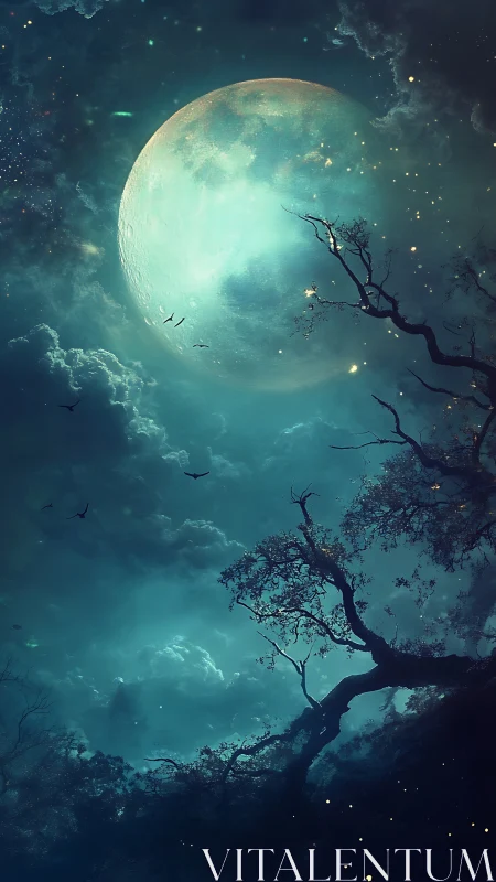 Large moon dominates night sky above silhouetted tree