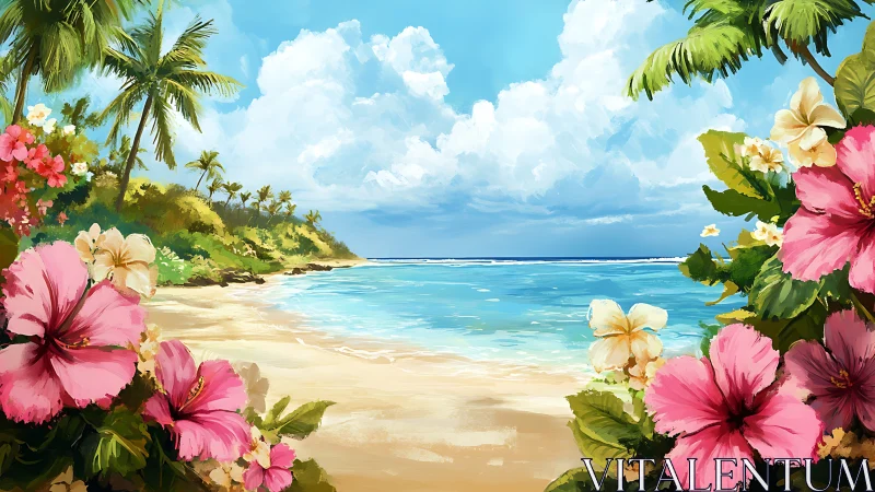 Tropical Paradise Beach with Pink Hibiscus Flowers