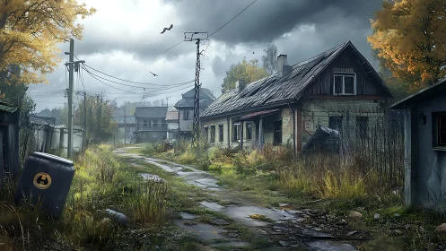 Derelict rural lane with weathered house and overhead wires.