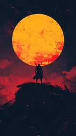 Lone warrior stands bold beneath a blazing crimson sun