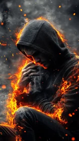 Hooded figure glows with quiet strength in swirling orange fire