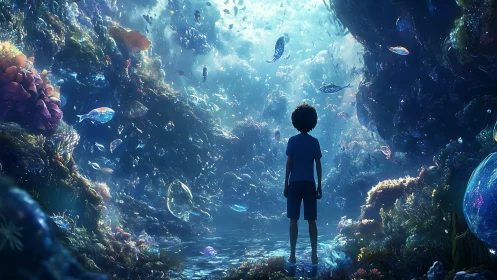 Child wandering through a shimmering underwater dreamscape.
