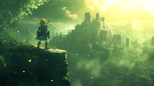 Heroic adventurer surveys a misty emerald fantasy citadel