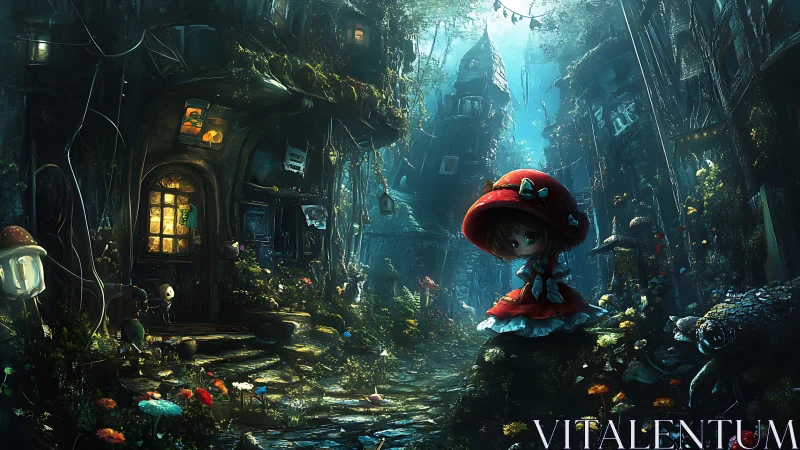 Little red-cloaked wanderer explores a glowing forest street