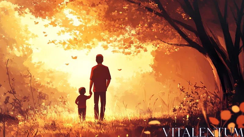 Silhouetted parent and child standing in glowing forest path.