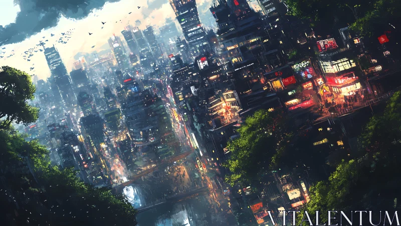 Digital painting of neon vertical city canyon with forest edges.