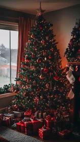 Twinkling red ornaments turn the Christmas tree into starlight