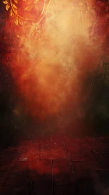 Warm rustic backdrop glows with rich red and golden light