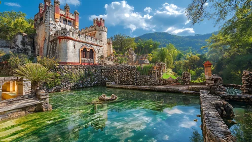Weathered hilltop fortress above reflective emerald basin.