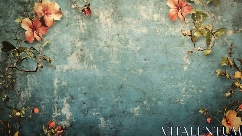 Vintage teal wall with hibiscus floral border and patina.