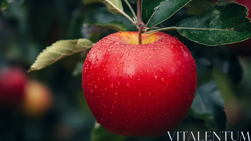 Ripe red apple with water droplets in soft orchard bokeh.