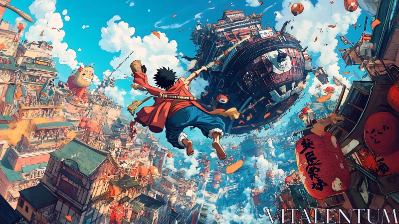 Boy leaps toward floating fortress above dense cityscape.