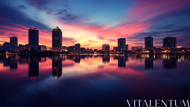 Vibrant city skyline mirrored in glassy twilight bay.
