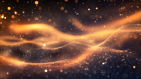 Abstract golden waves and glowing particles digital art background.