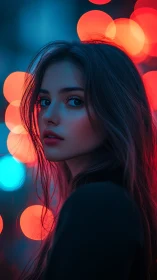 Neon-soaked silence lingers around a citylit midnight gaze