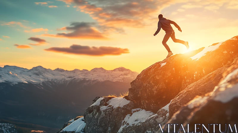 Backlit mountain runner ascends rocky ridge in golden hour light