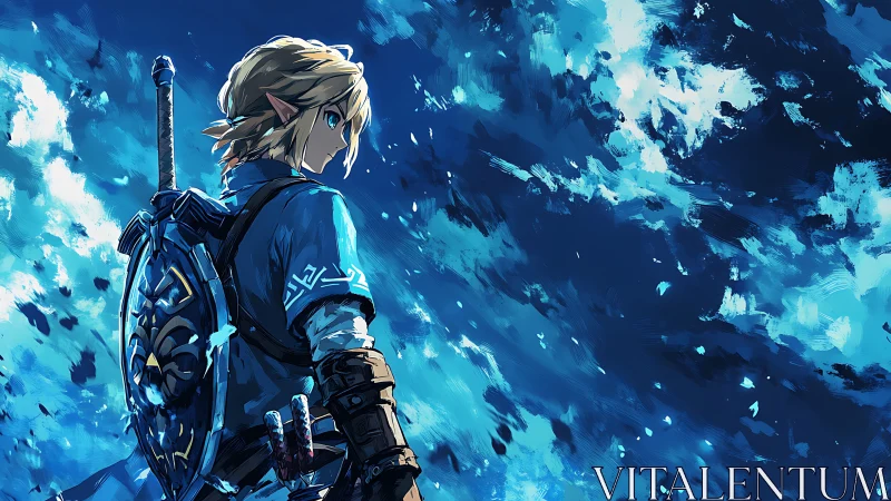 Blue-clad fantasy warrior in dynamic painterly profile view