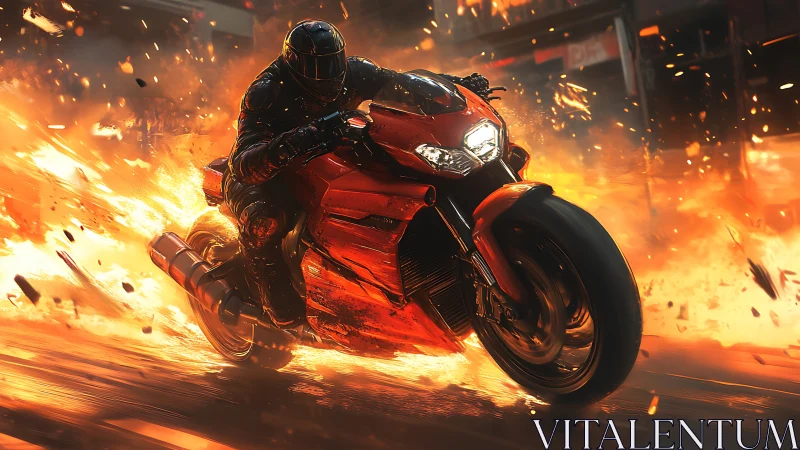 Motorcyclist rides red superbike through intense street fire.