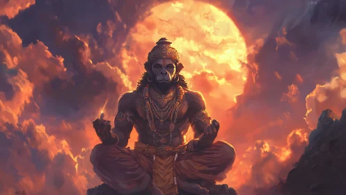 Divine simian yogi in fiery celestial sunset meditation.