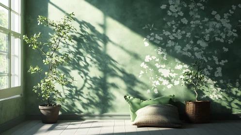 Sunlit green wall with potted plants and floor cushions.
