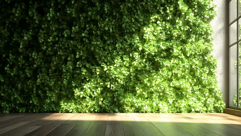Sunlit vertical garden wall with hardwood floor interior.