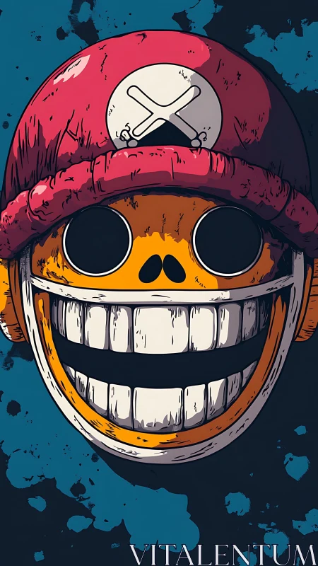 Grinning skull in red cap fuses street art and anime flair.