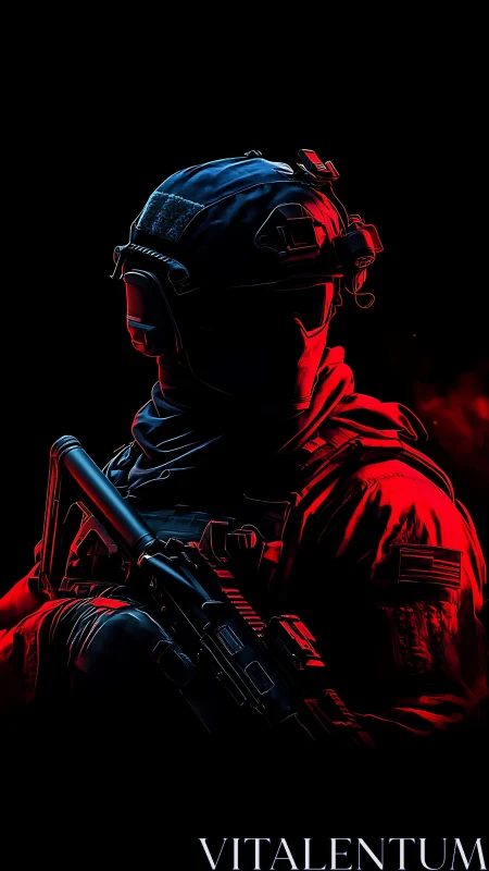 Red-shadowed tactical figure in bold neon contrast.