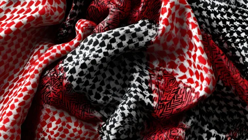 Red and Black Keffiyeh Fabric Close-Up With Dramatic Lighting.