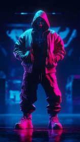 Neon hooded figure stands confident in glowing cyberpunk light