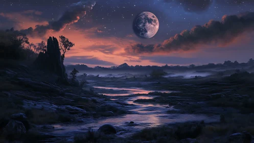 Moonlit river quietly rehearses dawn beneath painted clouds