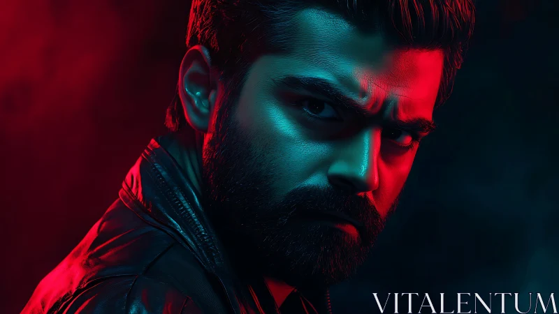 Moody male portrait under dramatic red blue neon light.