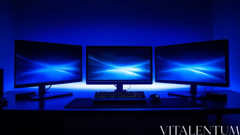 Triple monitor computer workstation with blue screen lighting.
