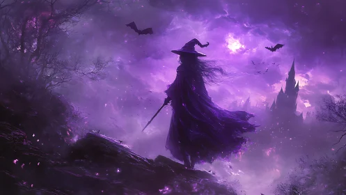 Solitary witch in violet storm above dark castle at dusk.