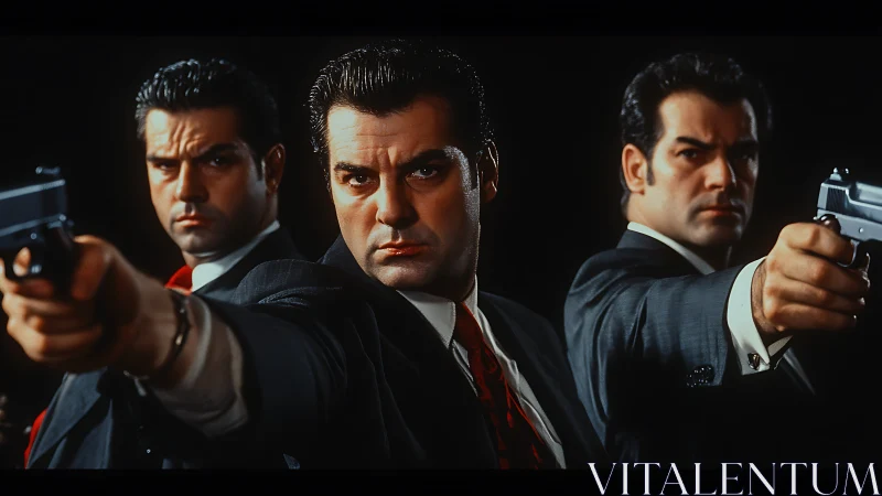 Triad of grim gunmen locking the frame in steely silence.