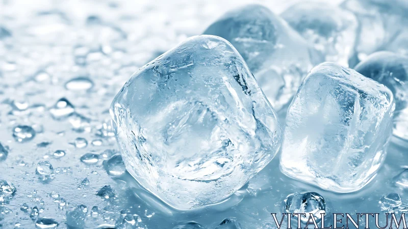 Transparent ice cubes rest on wet reflective surface