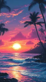 Tropical sunset illuminates palm-lined shoreline with vivid surf