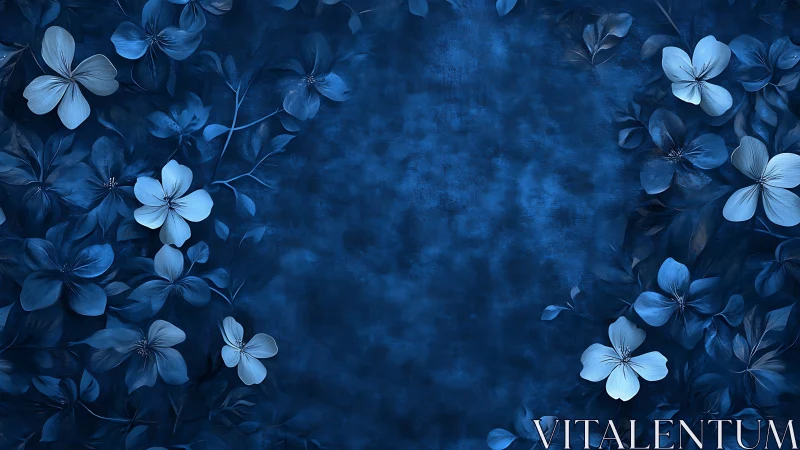 Monochromatic Blue Floral Composition with Textured Botanical Elements