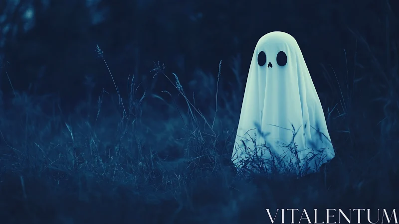 Small sheet ghost figure standing alone in dark field.